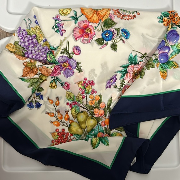 Mantero Silk Navy Trim Colorful Floral Square Scarf Made in Italy - Picture 16 of 17